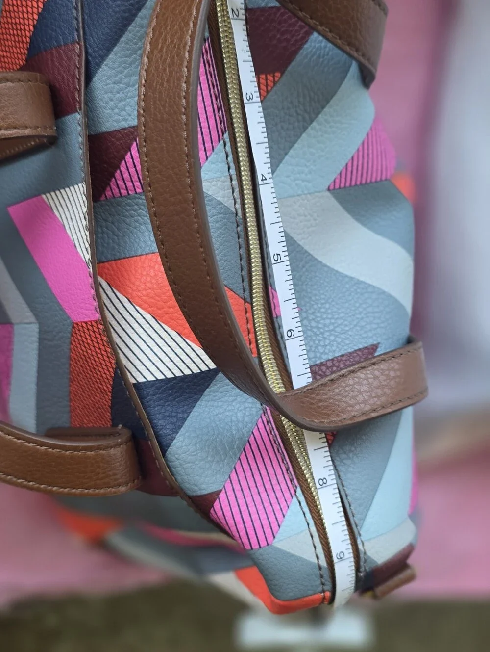 Fossil Brown Tote with Pink, Blue and Cream Geometric Panels